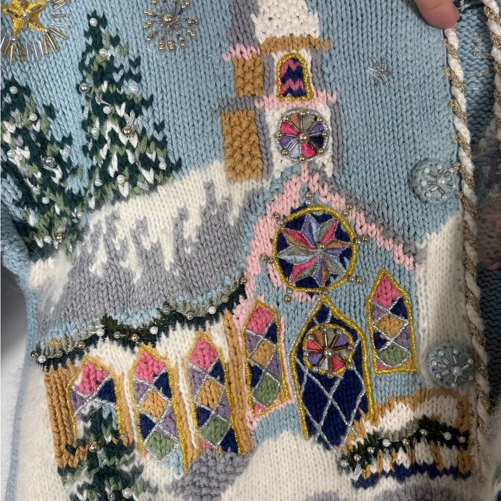 Vintage BellePointe Blue Winter Scape Embroidered Beaded Women's Cardigan Medium